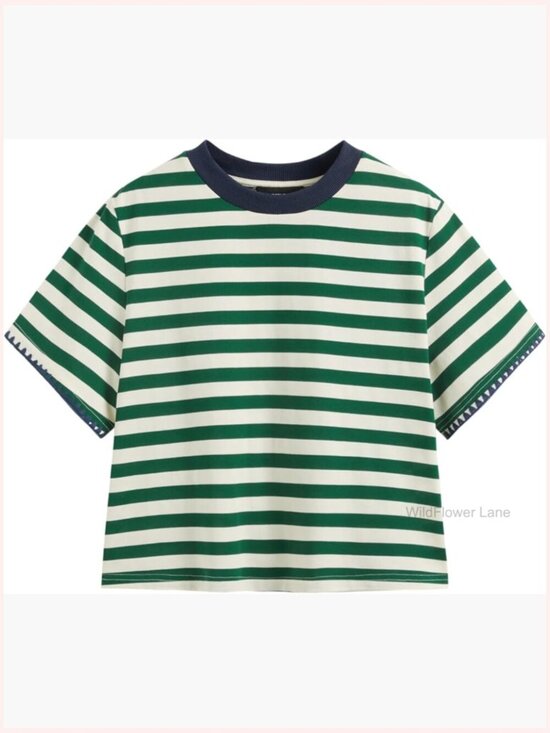 Tops - Oversized Striped Crop Tee Cotton-Blend Short Sleeve Crew Neck